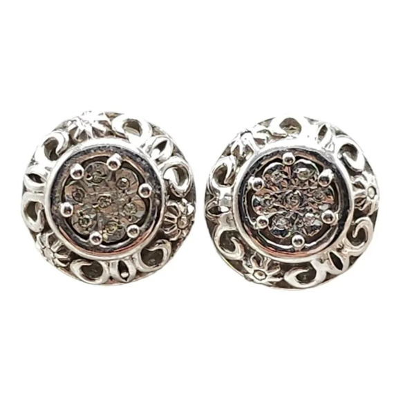 925 Sterling Silver Studs Diamond Chip Earrings Filigree Butterfly Closure VTG - Picture 1 of 5